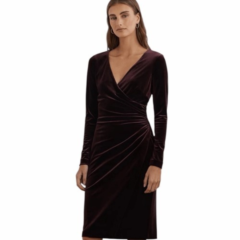 NEW Ralph Lauren Women's 14 Stretch Velvet Surplice Dress in Royal Claret Velvet - Picture 2 of 8